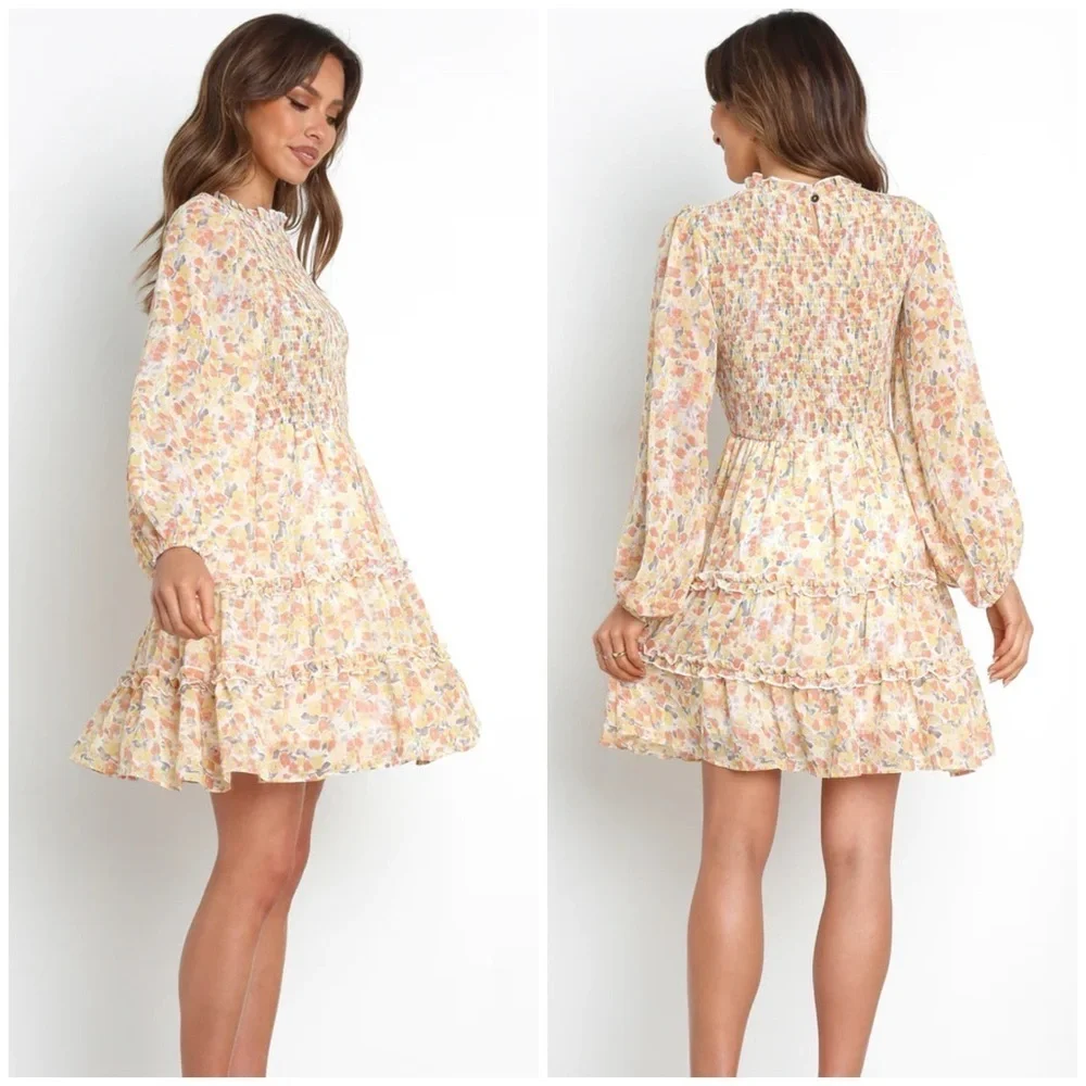 EUC, Petal & Pup Yellow Pleated Mini Dress Mock Neck,SZ 10 - Picture 2 of 14